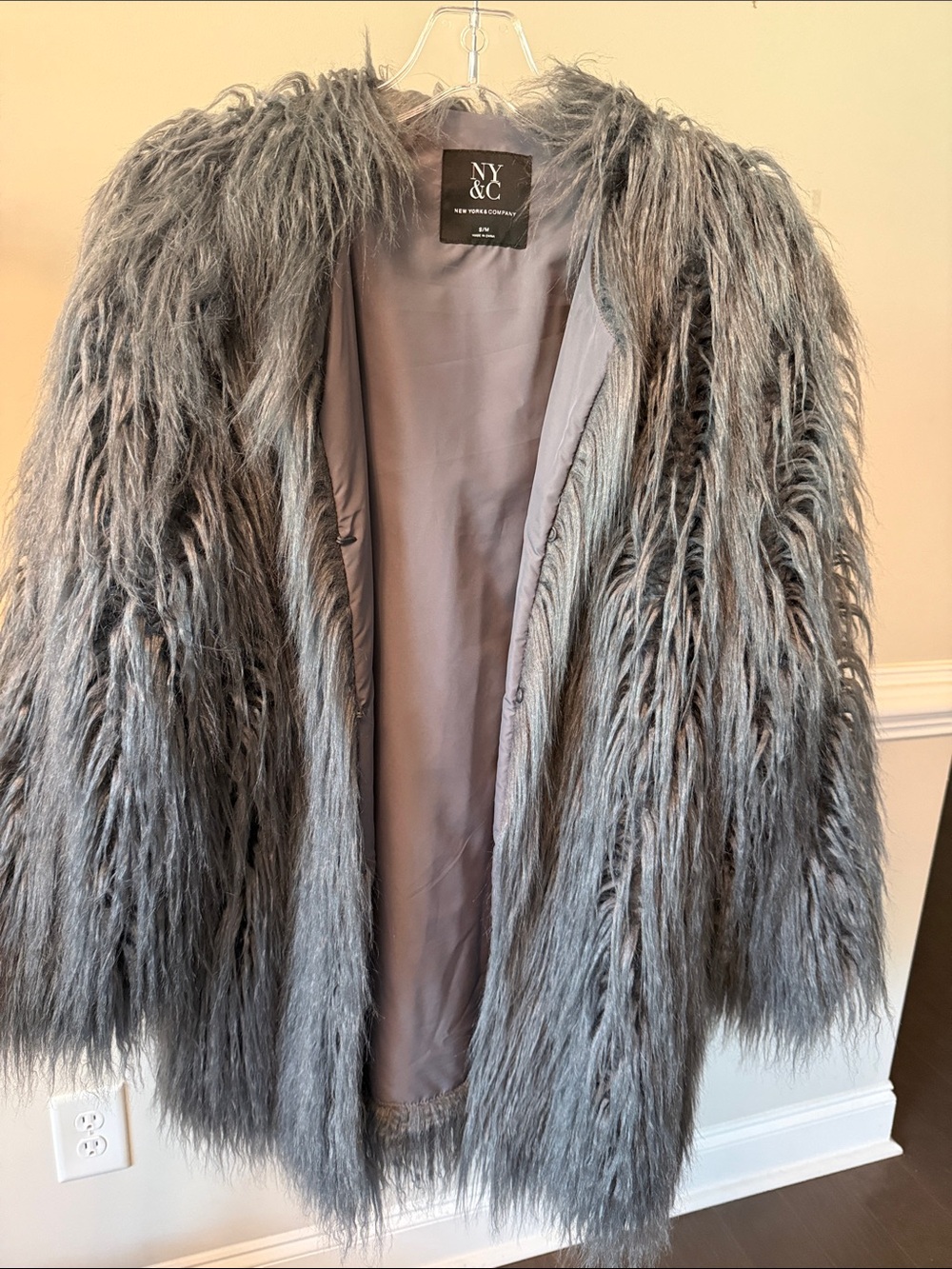 New York & Company Gray Long-Pile Faux Fur Jacket